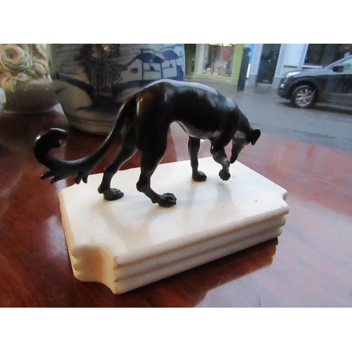 164 - Bronze Sculpture Antique of Hound Mounted on Shaped Form Carrera Marble Base Approximately 5 Inches ... 