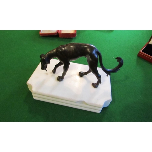 164 - Bronze Sculpture Antique of Hound Mounted on Shaped Form Carrera Marble Base Approximately 5 Inches ... 