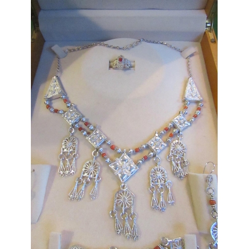 168 - Solid Silver Coral Set Jewellery Suite contained within Original Presentation Case Necklace, Bracele... 