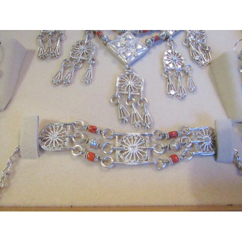 168 - Solid Silver Coral Set Jewellery Suite contained within Original Presentation Case Necklace, Bracele... 