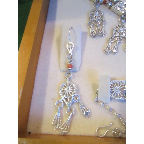 168 - Solid Silver Coral Set Jewellery Suite contained within Original Presentation Case Necklace, Bracele... 