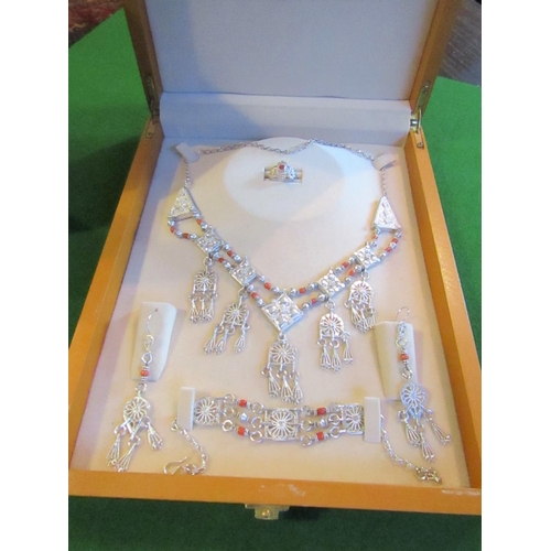 168 - Solid Silver Coral Set Jewellery Suite contained within Original Presentation Case Necklace, Bracele... 