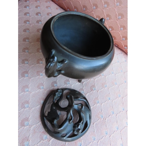 183 - Bronze Oriental Sensor with Lizard Form Side Handles Approximately 5 Inches Wide