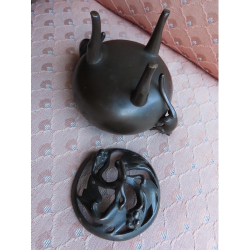 183 - Bronze Oriental Sensor with Lizard Form Side Handles Approximately 5 Inches Wide