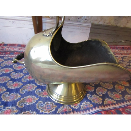 204 - Victorian Brass Helmet Form Coal Scuttle on Pedestal Base Turned Handle