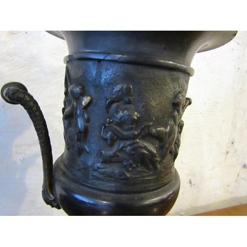 206 - Pair of Antique Bronze Marble Set Urns Pedestal Form with Shaped Side Handles Each Approximately 13 ... 