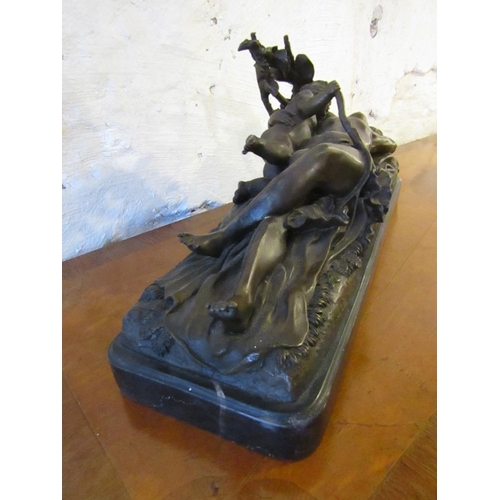 209 - Bronze Sculpture Lady with Cupid Approximately 15 Inches Wide Resting on Original Rectangular Form M... 