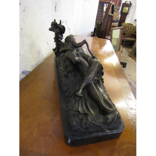 209 - Bronze Sculpture Lady with Cupid Approximately 15 Inches Wide Resting on Original Rectangular Form M... 