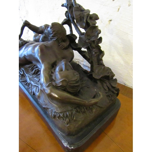 209 - Bronze Sculpture Lady with Cupid Approximately 15 Inches Wide Resting on Original Rectangular Form M... 