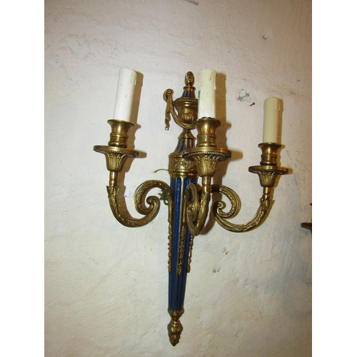 211 - Pair of Ormolu Mounted Three Sconce Wall Lights with Blue Enamel Decoration Each Approximately 14 In... 