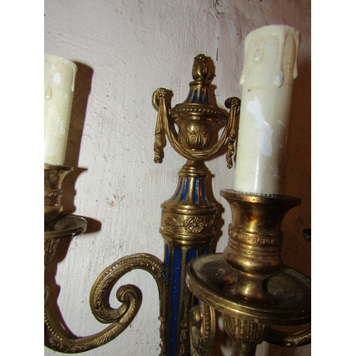 211 - Pair of Ormolu Mounted Three Sconce Wall Lights with Blue Enamel Decoration Each Approximately 14 In... 