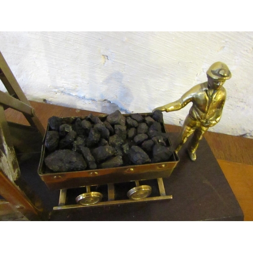 213 - Brass Set Cold Miner Figure with Coal Trolley Approximately 14 Inches High x 12 Inches Wide