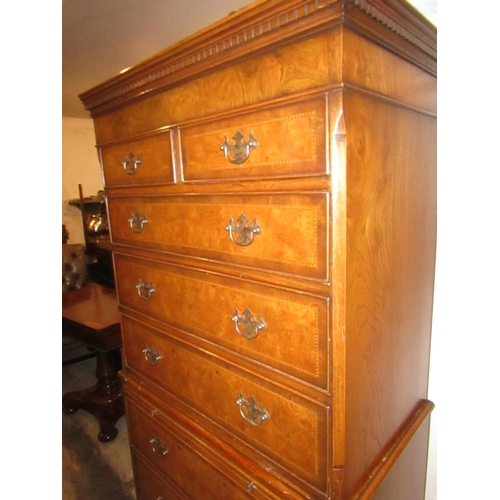 215 - Fine Figured Walnut Chest on Chest with Brushing Slide above Ogee Supports Further Crossbanded Decor... 