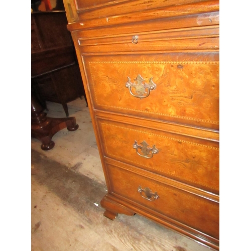 215 - Fine Figured Walnut Chest on Chest with Brushing Slide above Ogee Supports Further Crossbanded Decor... 