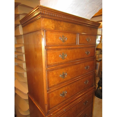 215 - Fine Figured Walnut Chest on Chest with Brushing Slide above Ogee Supports Further Crossbanded Decor... 