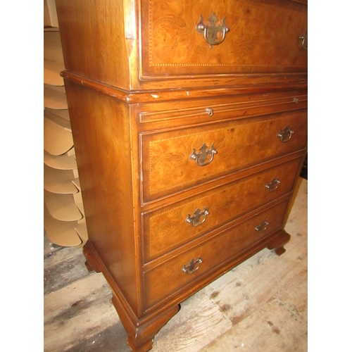 215 - Fine Figured Walnut Chest on Chest with Brushing Slide above Ogee Supports Further Crossbanded Decor... 