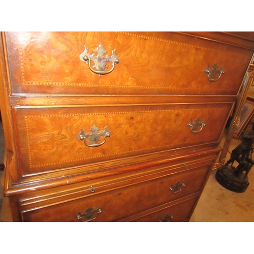 215 - Fine Figured Walnut Chest on Chest with Brushing Slide above Ogee Supports Further Crossbanded Decor... 