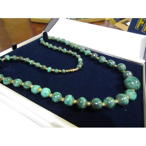 222 - Unusual Malachite Bead Necklace of Graduated Form with Gilt Metal Spacers Approximately 64cm Long