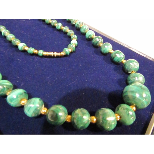 222 - Unusual Malachite Bead Necklace of Graduated Form with Gilt Metal Spacers Approximately 64cm Long