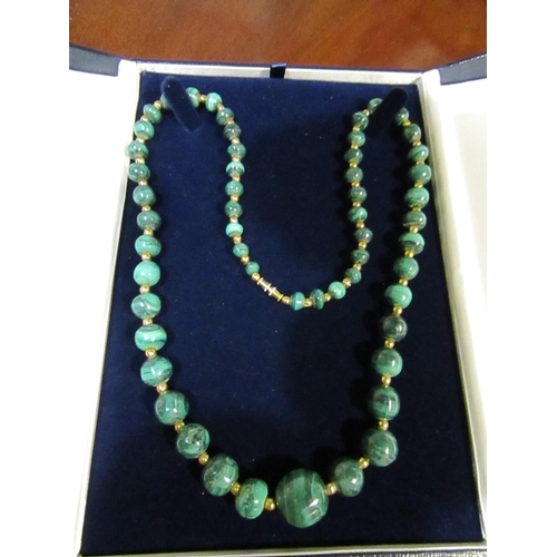 222 - Unusual Malachite Bead Necklace of Graduated Form with Gilt Metal Spacers Approximately 64cm Long