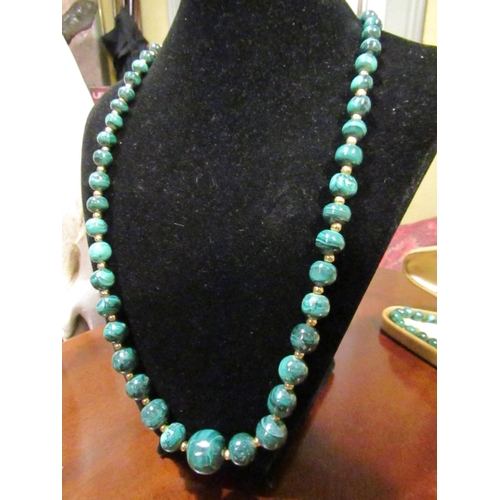 222 - Unusual Malachite Bead Necklace of Graduated Form with Gilt Metal Spacers Approximately 64cm Long