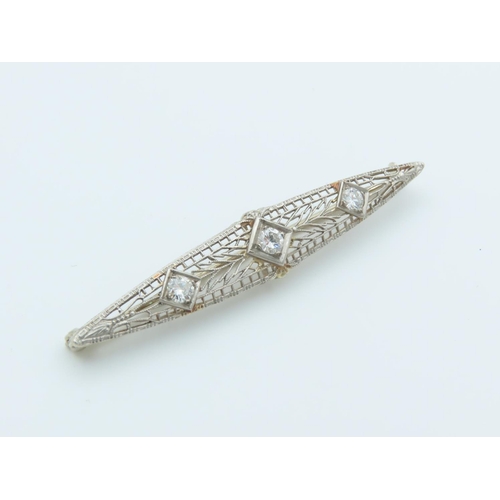 238 - Edwardian Three Stone Diamond Set Ladies Brooch Filigree Decorated Mounted on 18 Carat White Gold At... 