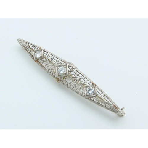 238 - Edwardian Three Stone Diamond Set Ladies Brooch Filigree Decorated Mounted on 18 Carat White Gold At... 