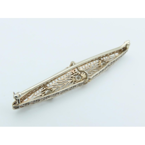 238 - Edwardian Three Stone Diamond Set Ladies Brooch Filigree Decorated Mounted on 18 Carat White Gold At... 