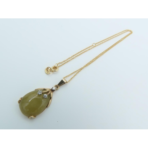 241 - Jade and Diamond Set Ladies 9 Carat Gold Pendant Necklace Jade of Attractive Colour