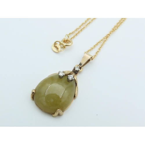 241 - Jade and Diamond Set Ladies 9 Carat Gold Pendant Necklace Jade of Attractive Colour