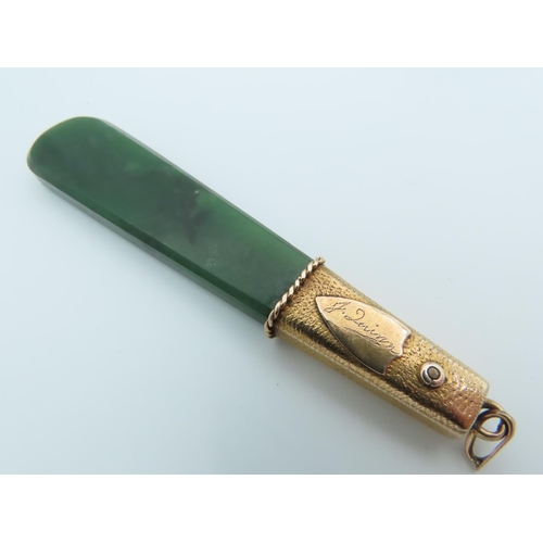 249 - 14 Carat Gold Mounted Jade Pendant Approximately 4 Inches Long Jade of Good Colour