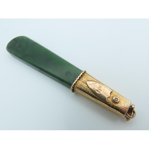 249 - 14 Carat Gold Mounted Jade Pendant Approximately 4 Inches Long Jade of Good Colour