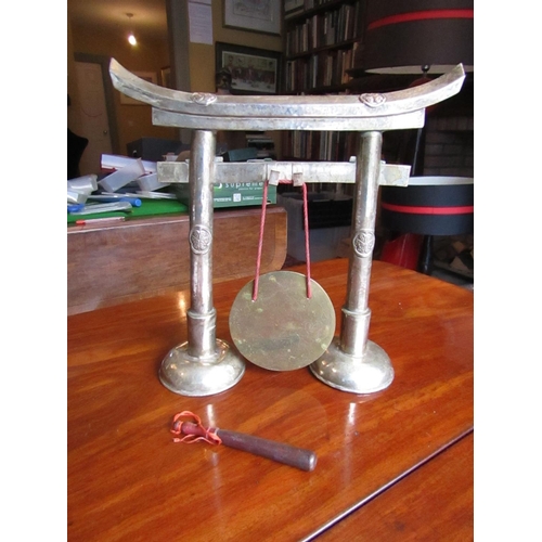 278 - Large Chinese Silver Table Dinner Gong Modelled as a Paifang Suspended with Polished Brass Plate Bea... 