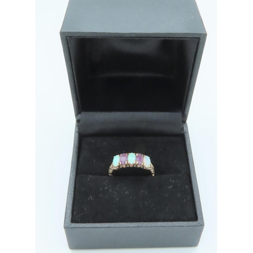 302 - 9 Carat Gold Opal and Amethyst Set 5 Stone Ring Size L and a Half