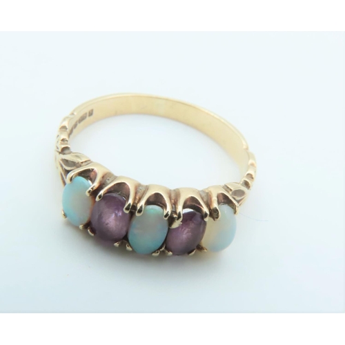 302 - 9 Carat Gold Opal and Amethyst Set 5 Stone Ring Size L and a Half