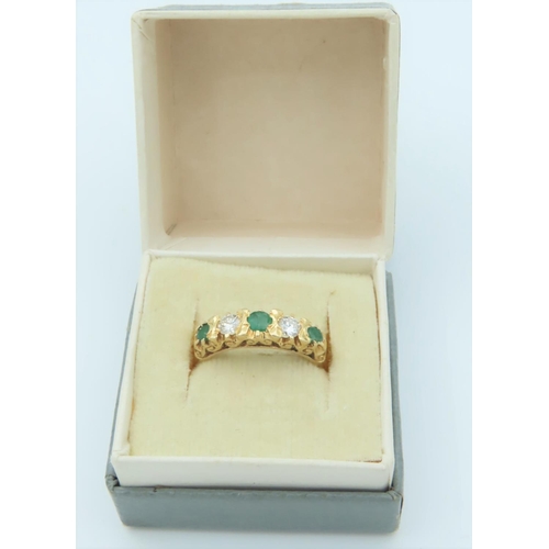 306 - 18 Carat Yellow Gold Emerald and Brilliant Cut 5 Stone Ring Hallmarks for London 1979 Size K and a H... 