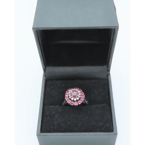 309 - Ruby and Single Cut Diamond Cluster Ring Size J Mounted on 18 Carat White Gold Band