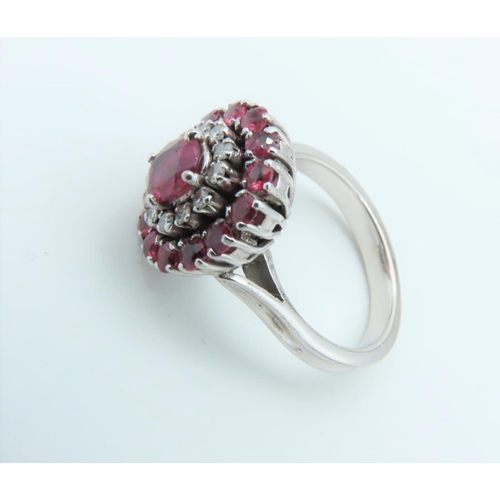 309 - Ruby and Single Cut Diamond Cluster Ring Size J Mounted on 18 Carat White Gold Band