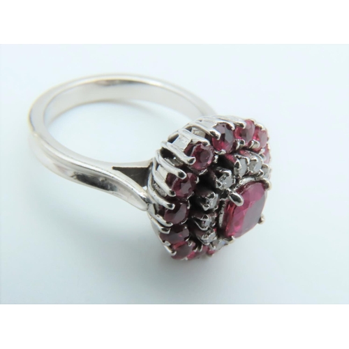 309 - Ruby and Single Cut Diamond Cluster Ring Size J Mounted on 18 Carat White Gold Band