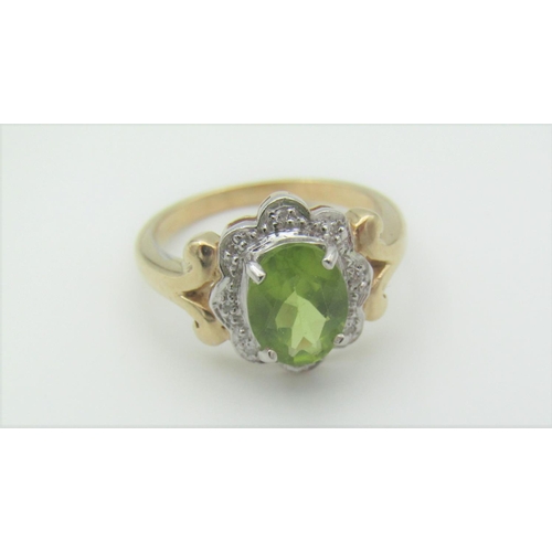 325 - Peridot and Diamond Ladies Cluster Ring Mounted on 9 Carat Gold Band Hallmarked 2006 Ring Size N