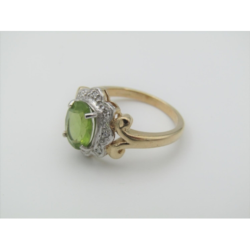 325 - Peridot and Diamond Ladies Cluster Ring Mounted on 9 Carat Gold Band Hallmarked 2006 Ring Size N