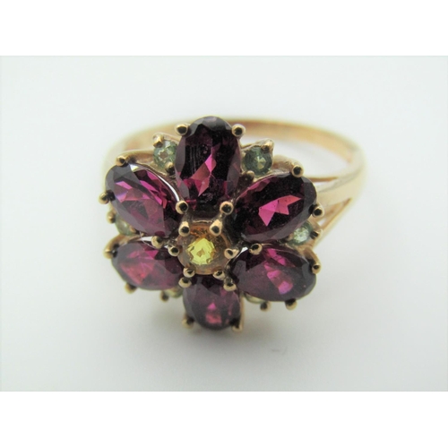 326 - Garnet and Further Gemset Floral Cluster Ring Hallmarks 2005 Mounted on 9 Carat Gold Band Ring Size ... 