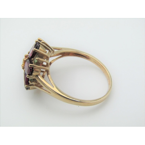 326 - Garnet and Further Gemset Floral Cluster Ring Hallmarks 2005 Mounted on 9 Carat Gold Band Ring Size ... 