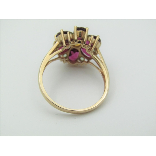 326 - Garnet and Further Gemset Floral Cluster Ring Hallmarks 2005 Mounted on 9 Carat Gold Band Ring Size ... 