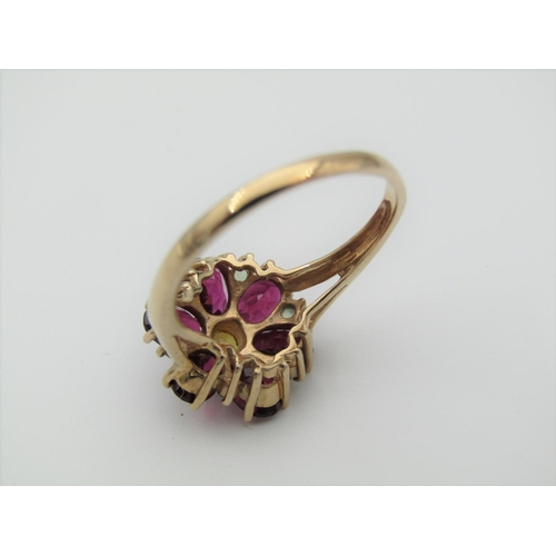 326 - Garnet and Further Gemset Floral Cluster Ring Hallmarks 2005 Mounted on 9 Carat Gold Band Ring Size ... 