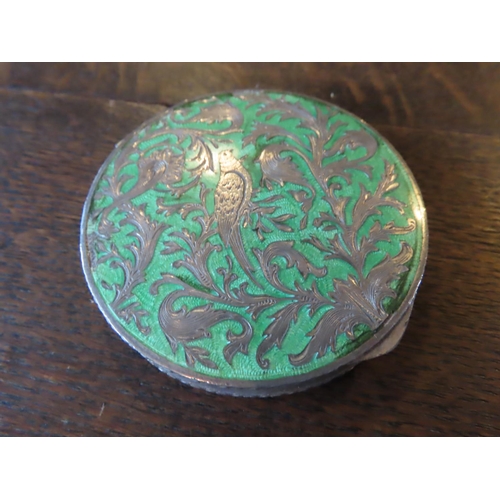 343 - Solid Silver Engraved and Enamel Decorated Circular Form Compact Hinged Top