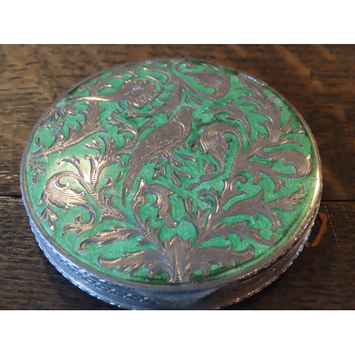 343 - Solid Silver Engraved and Enamel Decorated Circular Form Compact Hinged Top