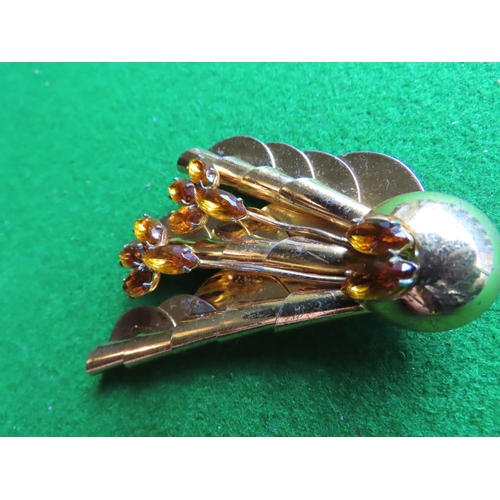 376 - Vintage Solid Silver Gilt Decorated Retro Ladies Brooch with Yellow Gem Stones