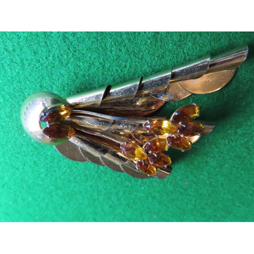 376 - Vintage Solid Silver Gilt Decorated Retro Ladies Brooch with Yellow Gem Stones