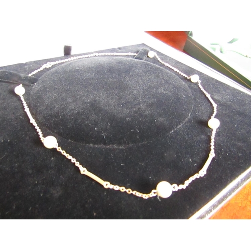 390 - 9 Carat Gold Pearl Set Ladies Necklace Mixed Link Chain Interspersed by Six Round Pearls with Spring... 